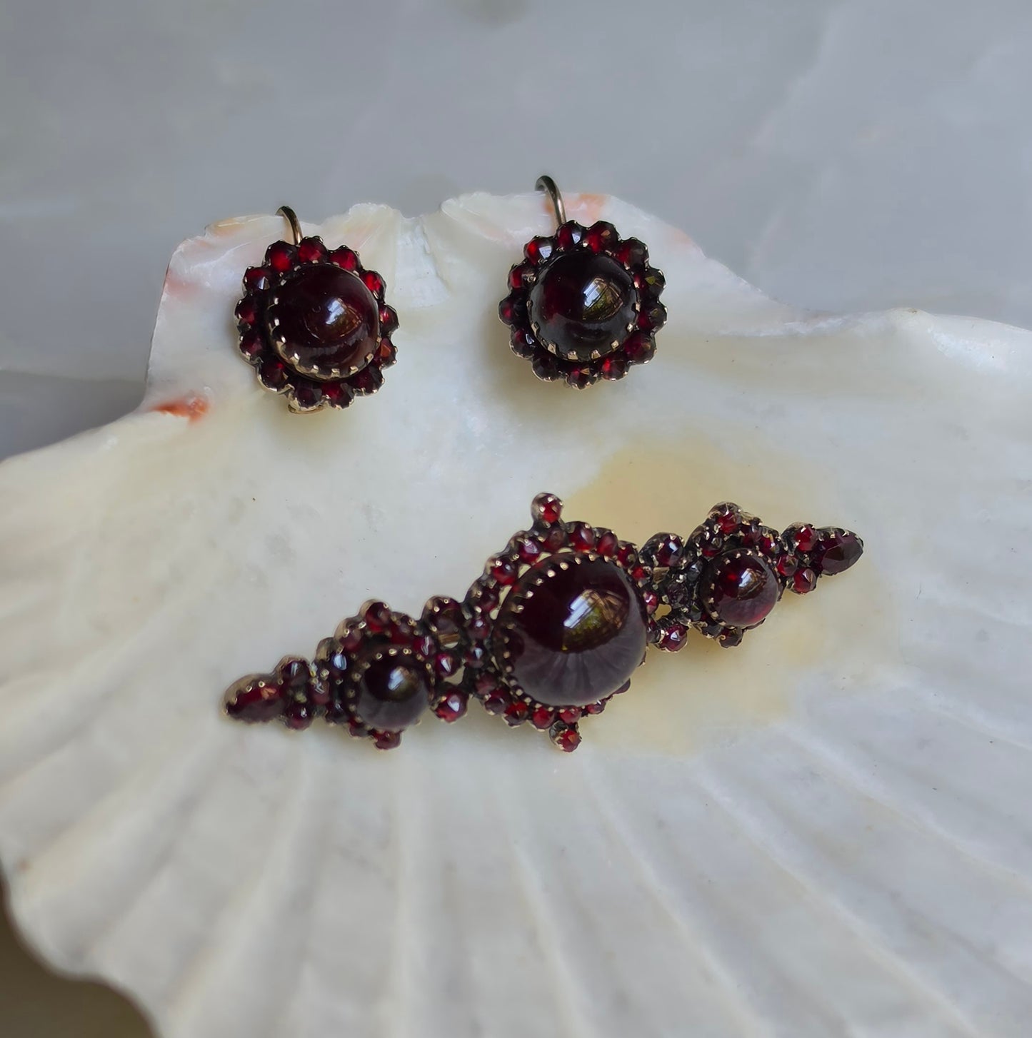 Antique Victorian Bohemian Garnet Earrings and Pin Demi Parure