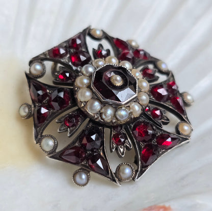 Antique Victorian Gothic Revival Bohemian Garnet and Pearl Pin