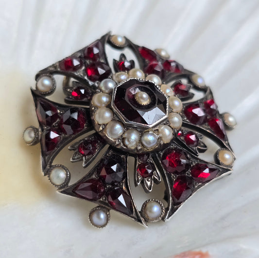 Antique Victorian Gothic Revival Bohemian Garnet and Pearl Pin