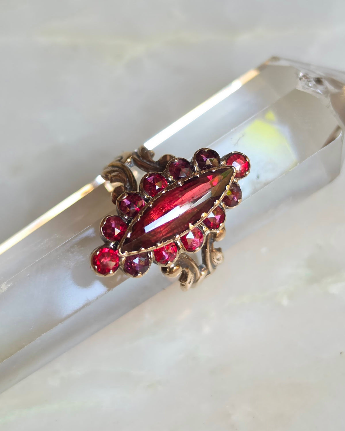 Antique 18k French Perpignan Garnet Navette Ring