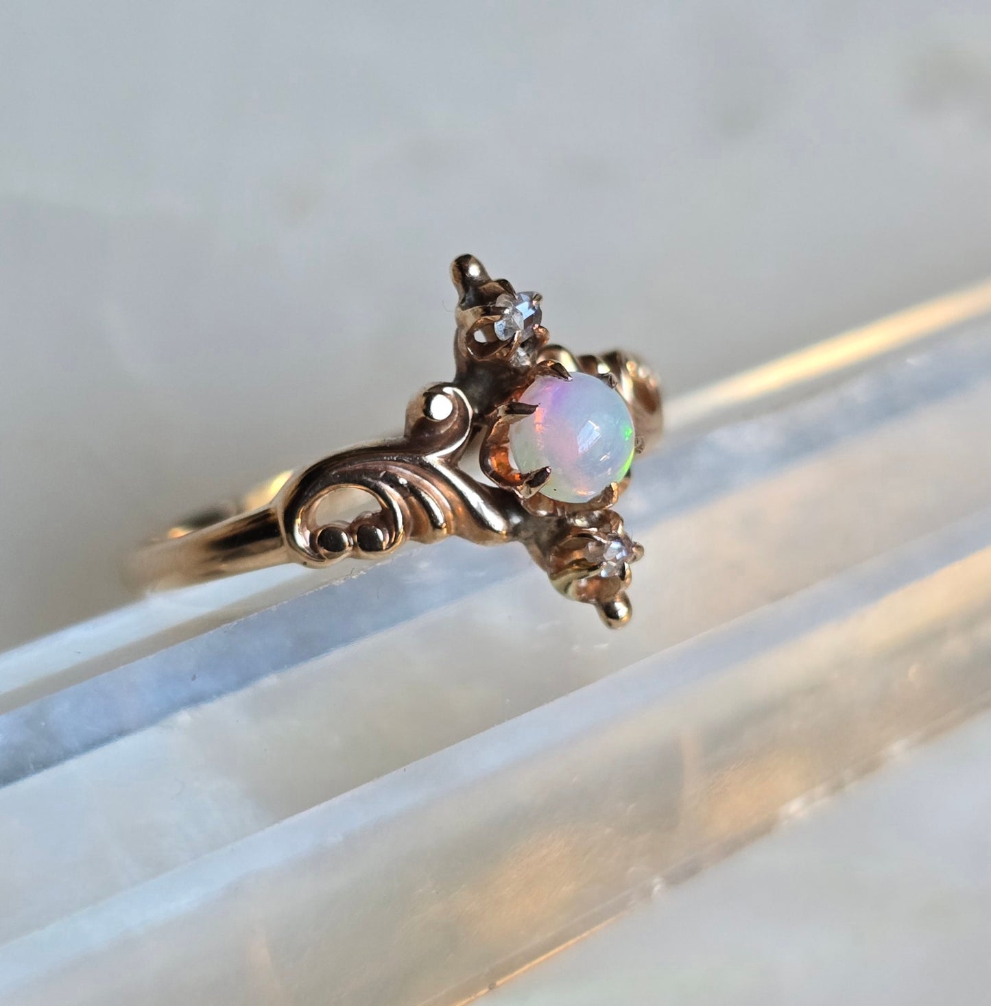 Antique Victorian 14k Rose Gold, Opal and Rose Cut Diamond Ring