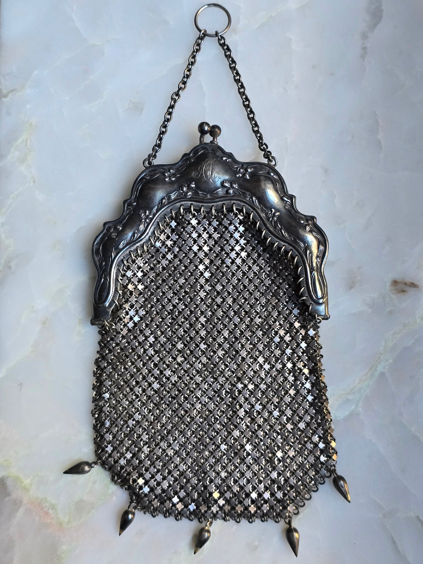 Antique Edwardian Art Nouveau Sterling Silver Mesh Chatelaine Purse