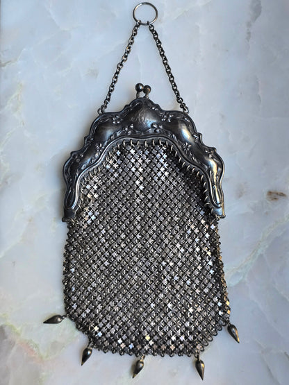 Antique Edwardian Art Nouveau Sterling Silver Mesh Chatelaine Purse