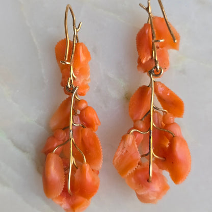 Antique Victorian Carved Salmon Coral Rose Earrings