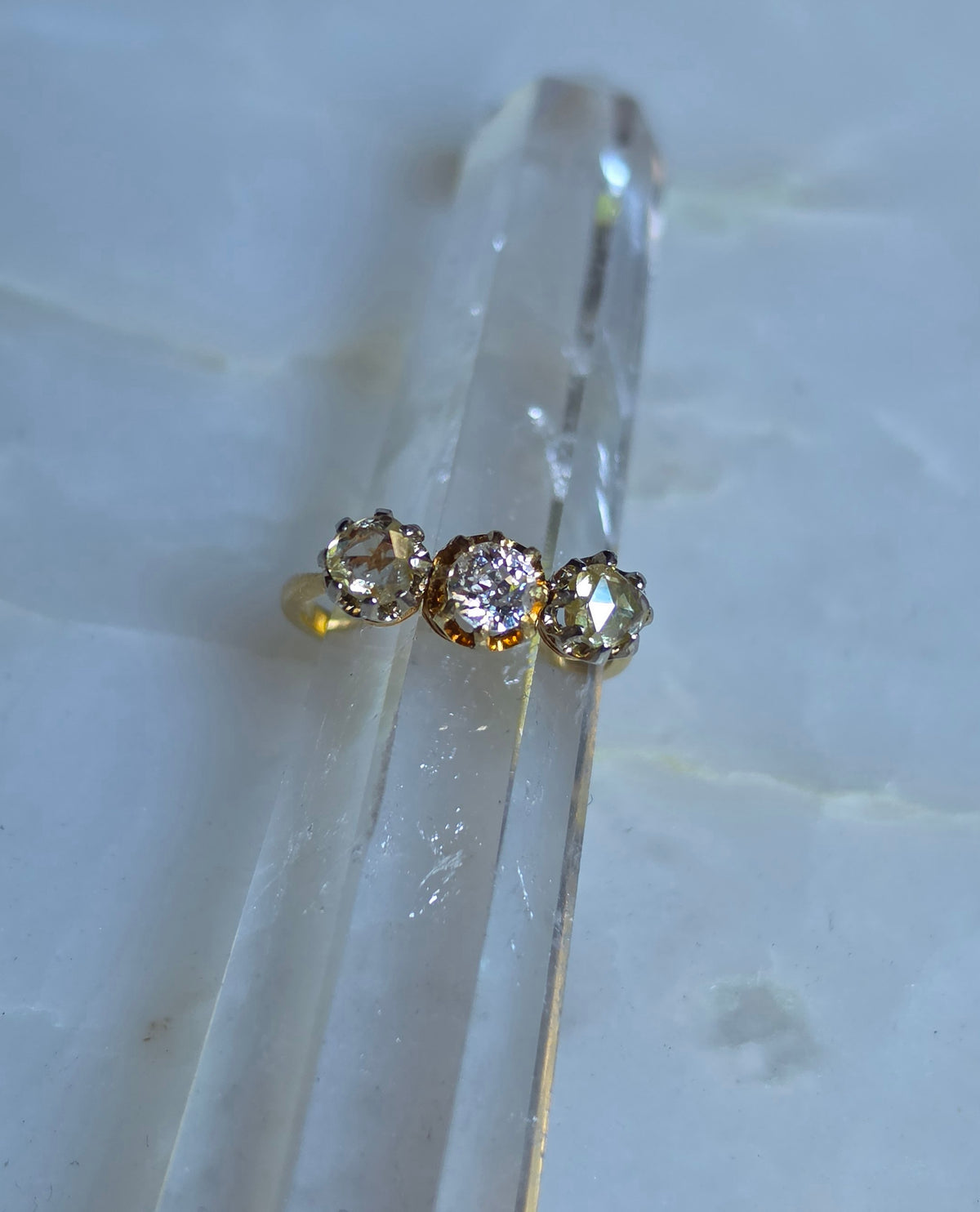 Antique Yellow Rose Cut and Old European Cut Diamond Trilogy Ring