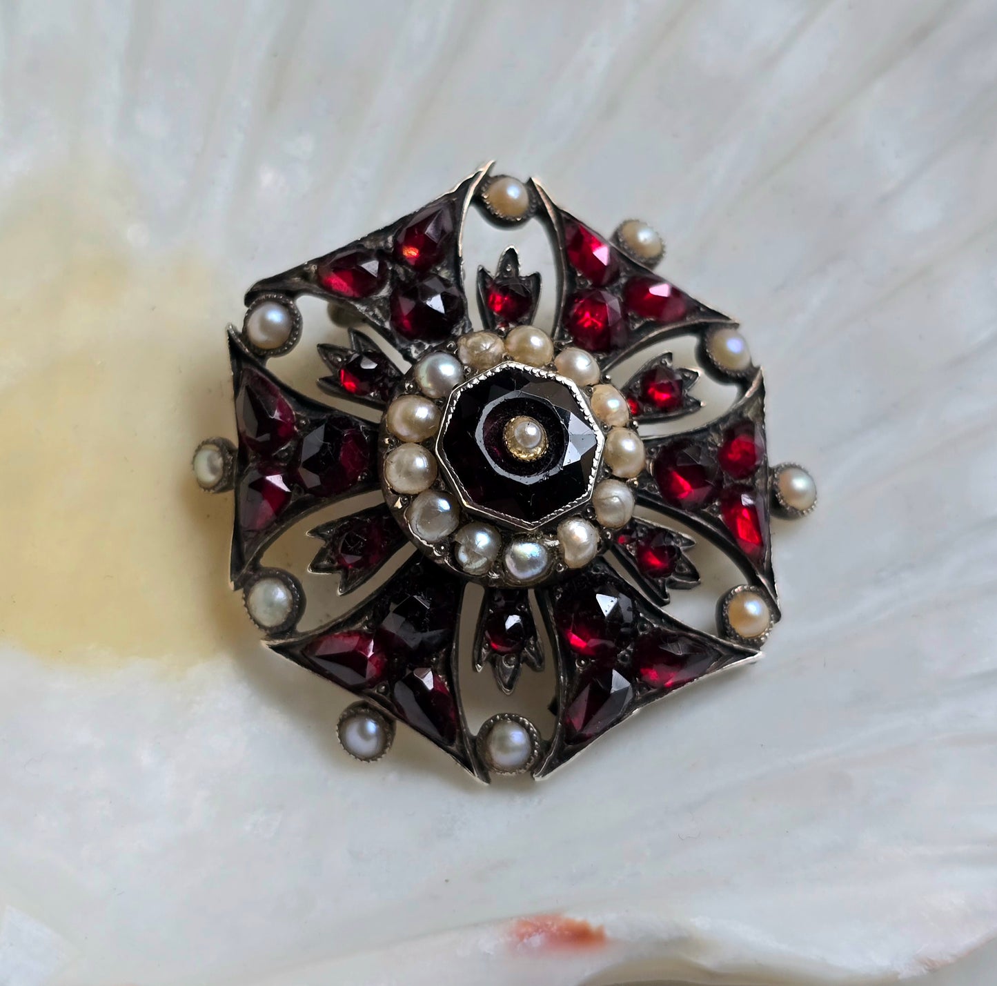 Antique Victorian Gothic Revival Bohemian Garnet and Pearl Pin