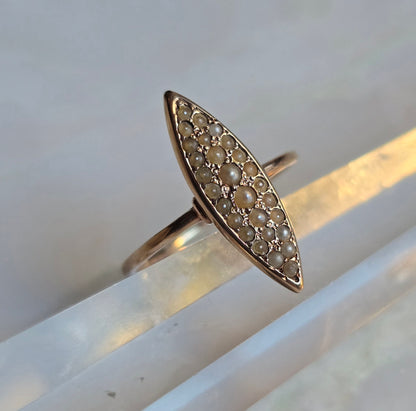 Antique Victorian 14k Rose Gold Seed Pearl Navette Ring