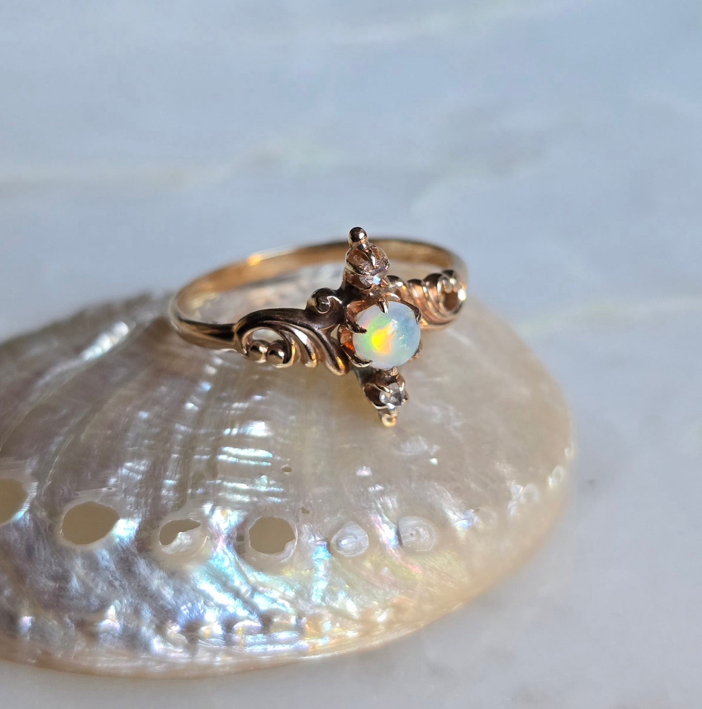 Antique Victorian 14k Rose Gold, Opal and Rose Cut Diamond Ring