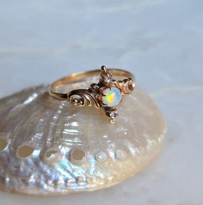 Antique Victorian 14k Rose Gold, Opal and Rose Cut Diamond Ring